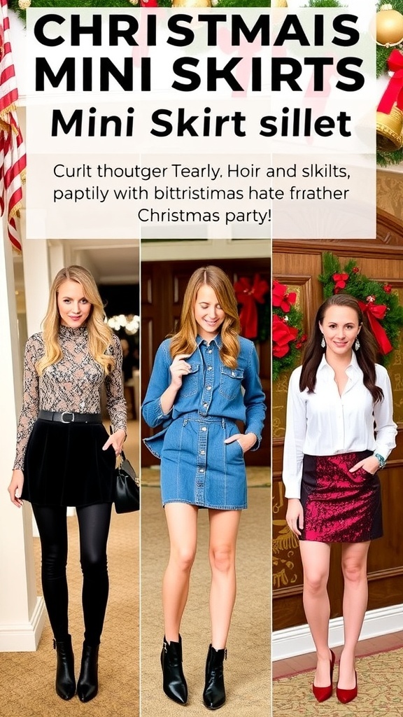 A collection of fashionable mini skirt outfits for Christmas parties, featuring different styles and accessories.